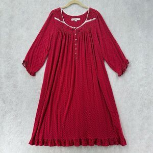 EILEEN WEST Nightgown MEDIUM RED Knit Jersey Knit Pintuck Ruffle Full‎ Length
